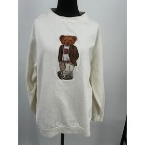 Crew Dog Embroidered Bear Crewneck Sweatshirt Medium Cream Heavyweight Cotton